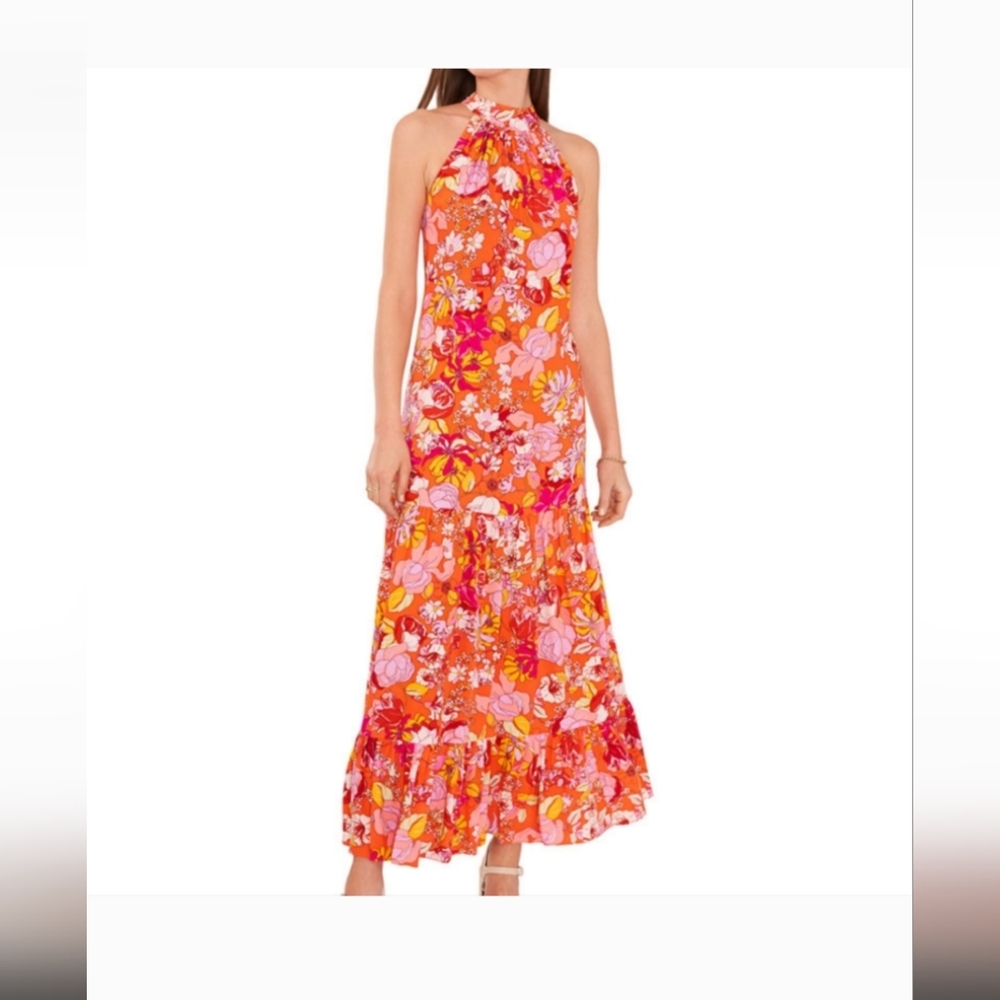 Summer Vince Camuto Maxi Dress Challis Printed Halter Trendy in Sunset Orange XS